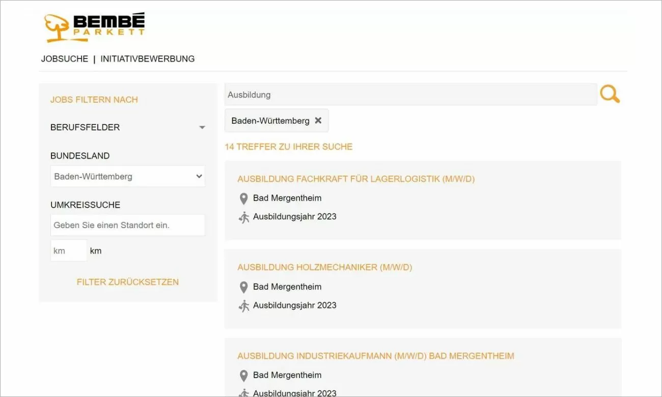 Ein Screenshot des Karrierebereichs von Bembé Parkett mit offenen Stellen in Baden-Württemberg
