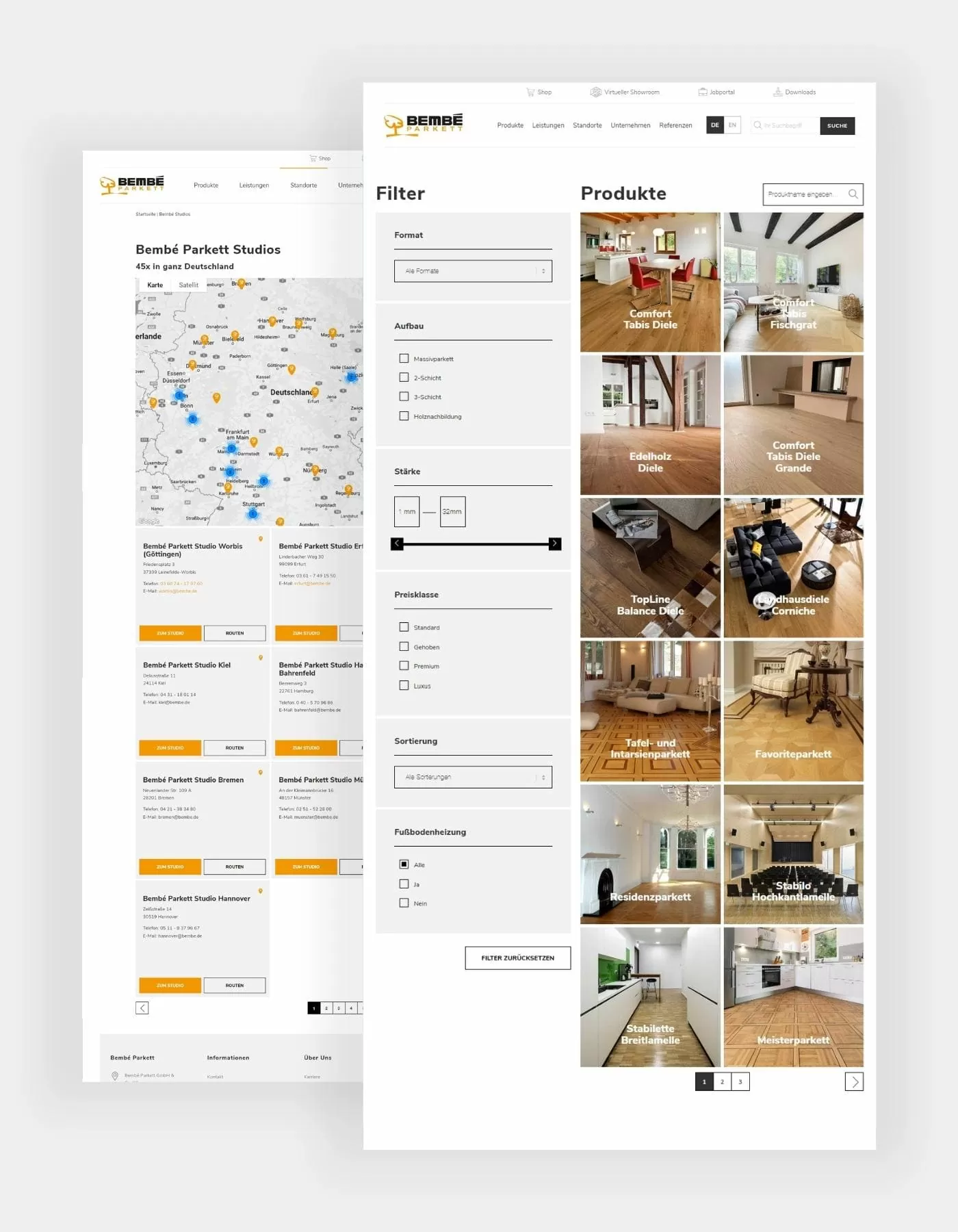 Screenshot der Produktübersichtsseite von Bembé mit Filtern und Produkten mit ansprechenden Bildern, daneben eine Übersicht der Standorte der Bembé Parkett Studios in Deutschland