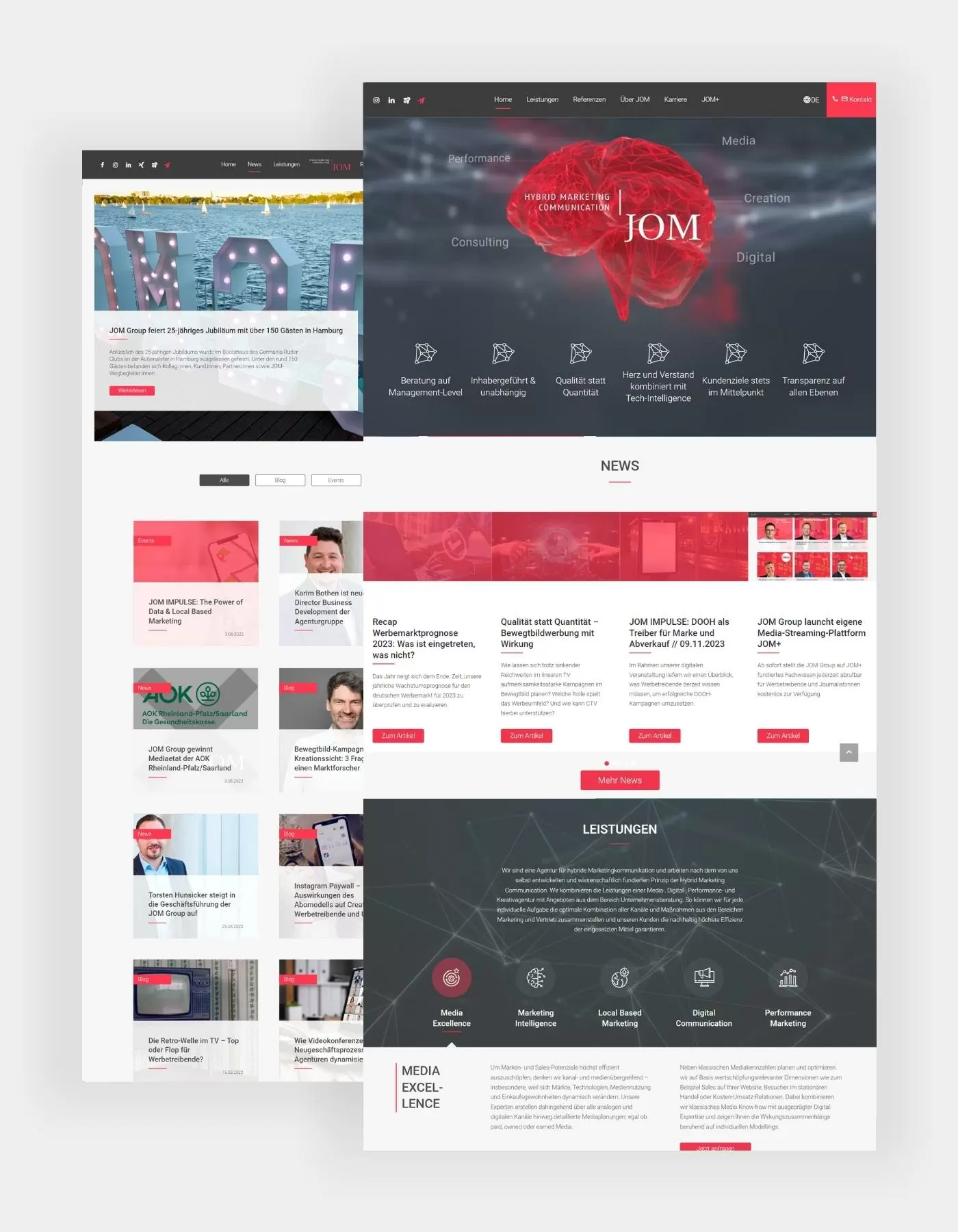 Screenshots der Startseite mit News-, Leistungs- und Referenzen-Sektion & im Hintergrund das Jobangebot (Senior) Ad Operations Manager