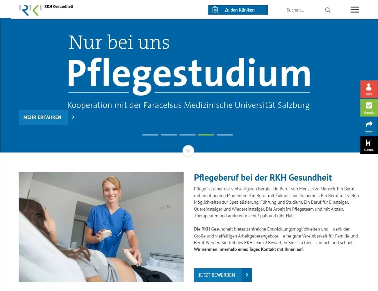 Das von ECONSOR erstellte digitales Karriereportal für mehr Attraktivität als Screenshot mit Werbung für das Pflegestudium nur bei der RKH Gesundheit im Intro und einem Text zu dem Pflegeberuf bei der RKH Gesundheit mit der Möglichkeit sich über einen Button 