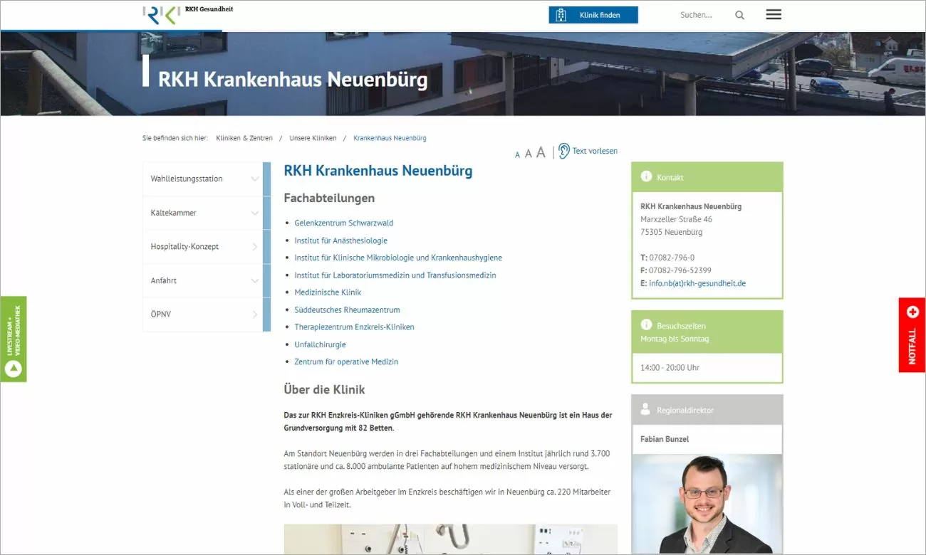 Screenshot einer kompakten Klinikseite, die über das RKH Krankenhaus Neuenbürg informiert mit Fachabteilungen, Über die Klinik und Menüpunkten Privatstation, Kältekammer, Hospitality-Konzept, Anfahrt & ÖPNV, auf der linken Seite kann man die Klinik direkt kontaktieren und sieht Adresse, Telefonnummer, E-Mail-Adresse und Besuchszeiten plus Regionaldirektor