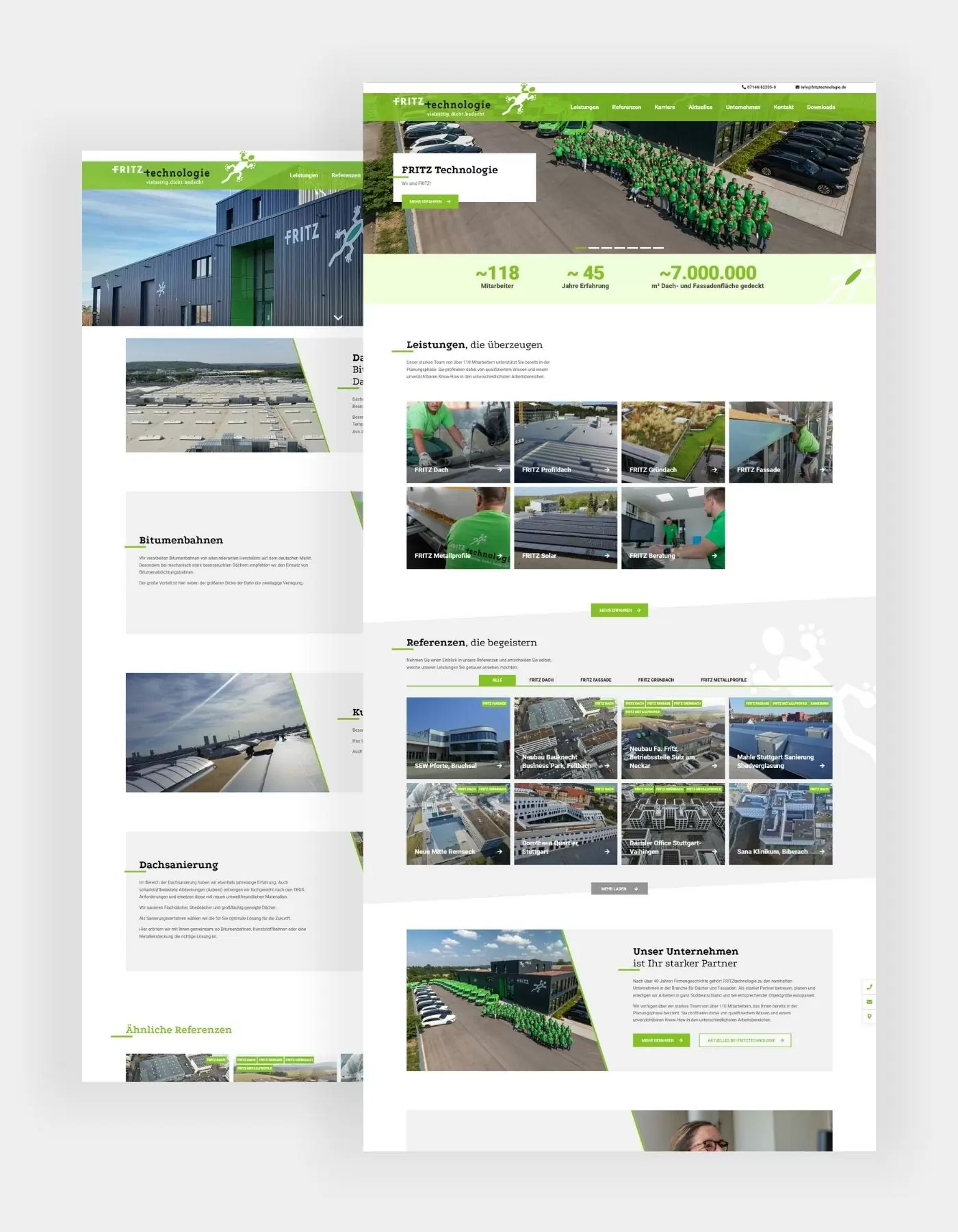 Hochkante Darstellung der Startseite mit Teaser der Leistungen, Referenzen und Fritz-Technologie als Partner. Ein weiterer Screenshot der Leistungen die das Unternehmen anbieten, unter anderem Dachabdichtung, Bitumenbahnen, Kunststoffbahnen oder Dachsanierung.