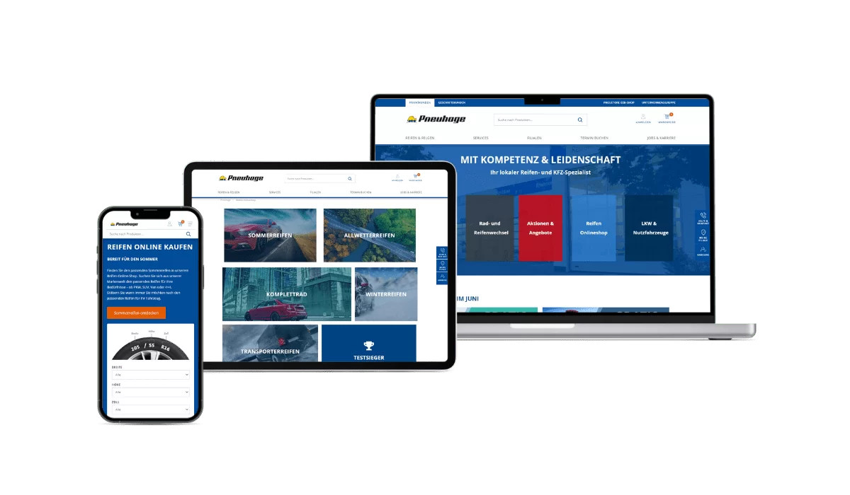 Referenz auf unterschiedlichen Geräten. Auf dem iPhone ist die Reifen online kaufen Seite zu sehen. Die verschiedenen Produkte auf dem iPad und auf dem MacBook die Startseite.