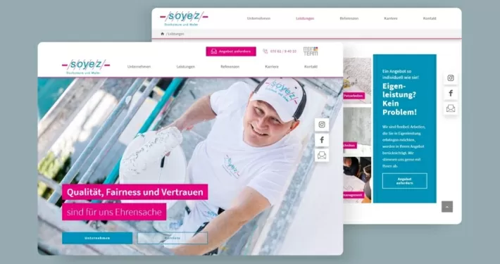 Teaser-Referenz der Webseite Soyez mit der Startseite und einer übersicht der unterschiedlichen Leistungen, die das Unternehmen bei sich anbietet.