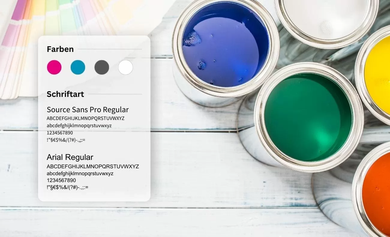 Eine Styleguideübersicht von Soyez mit den verwendeten Farben Pink, Blau, Grau und Weiß. Die Schriftarten der Webseite sind Source Sans Pro und Arial.