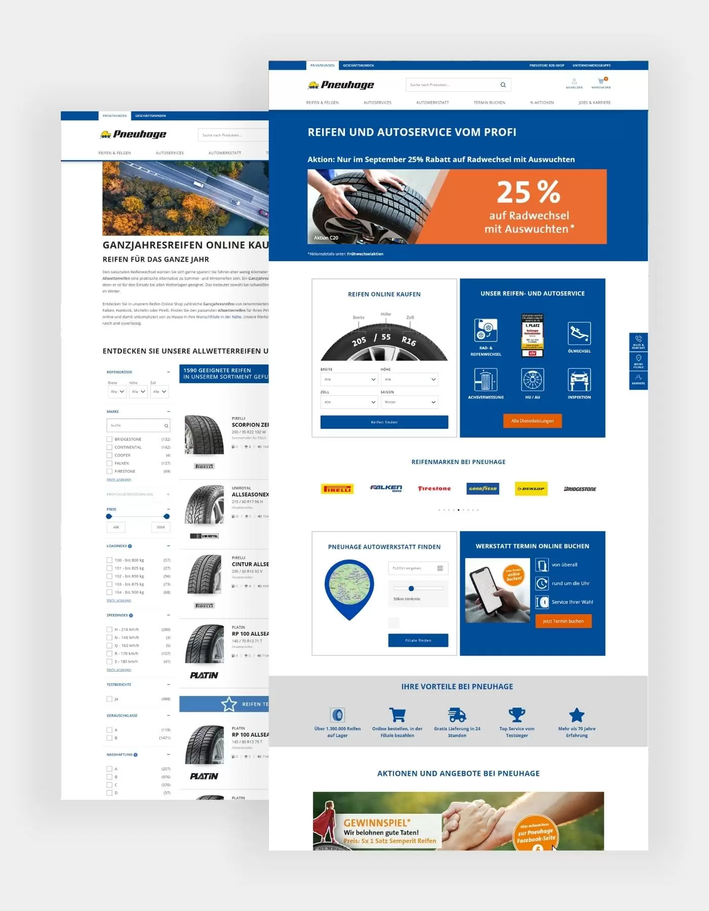 Hochkante Referenzgrafik von Pneuhage mit der Startseite und dem Produktlisting der Ganzjahresreifen-Seite