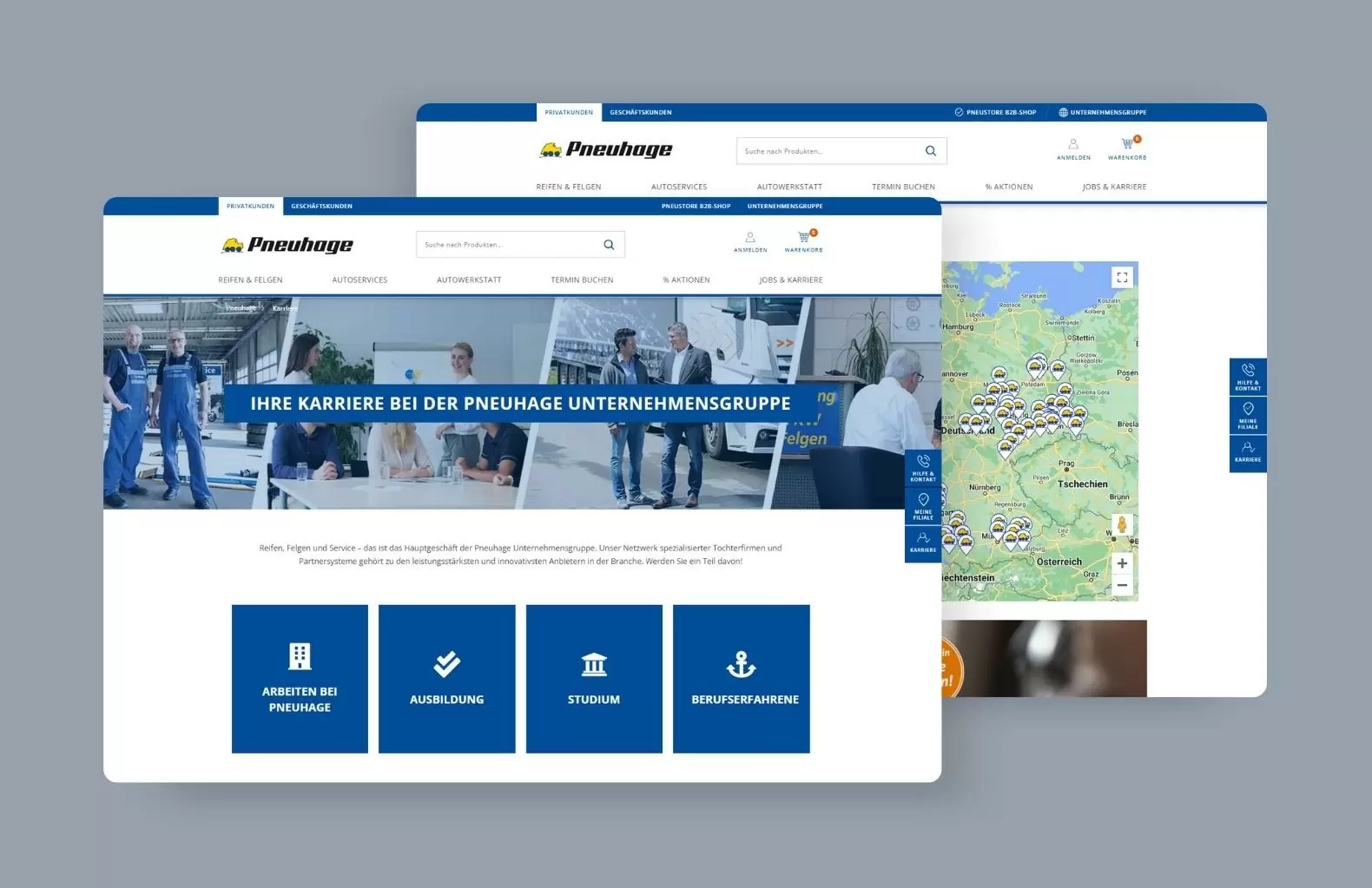 Teaser Referenz mit der Karriereseite und dem Standortfinder unseres Kunden Pneuhage