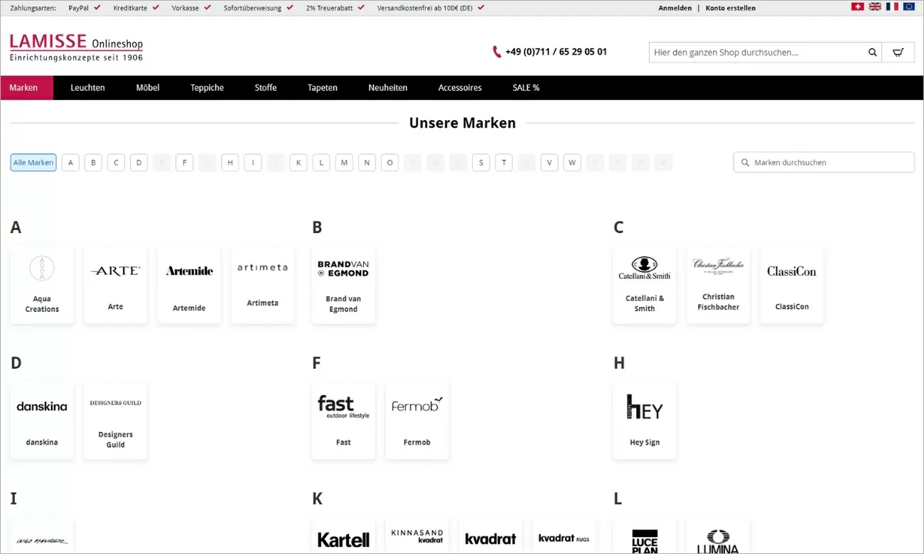 Highlight der Lamisse Markenseite mit alphabetischem Ordnungssystem