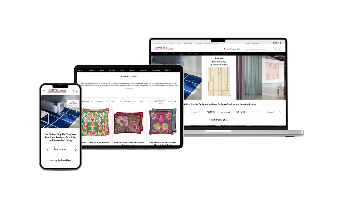 Screenshots auf drei unterschiedlichen Geräten von dem Online-Shop Lamisse. Auf dem Macbook und dem Smartphone sieht man die Startseite mit einem Markenslider. Auf dem Tablet sieht man das moderne Webdesign von den Kategorieseiten.