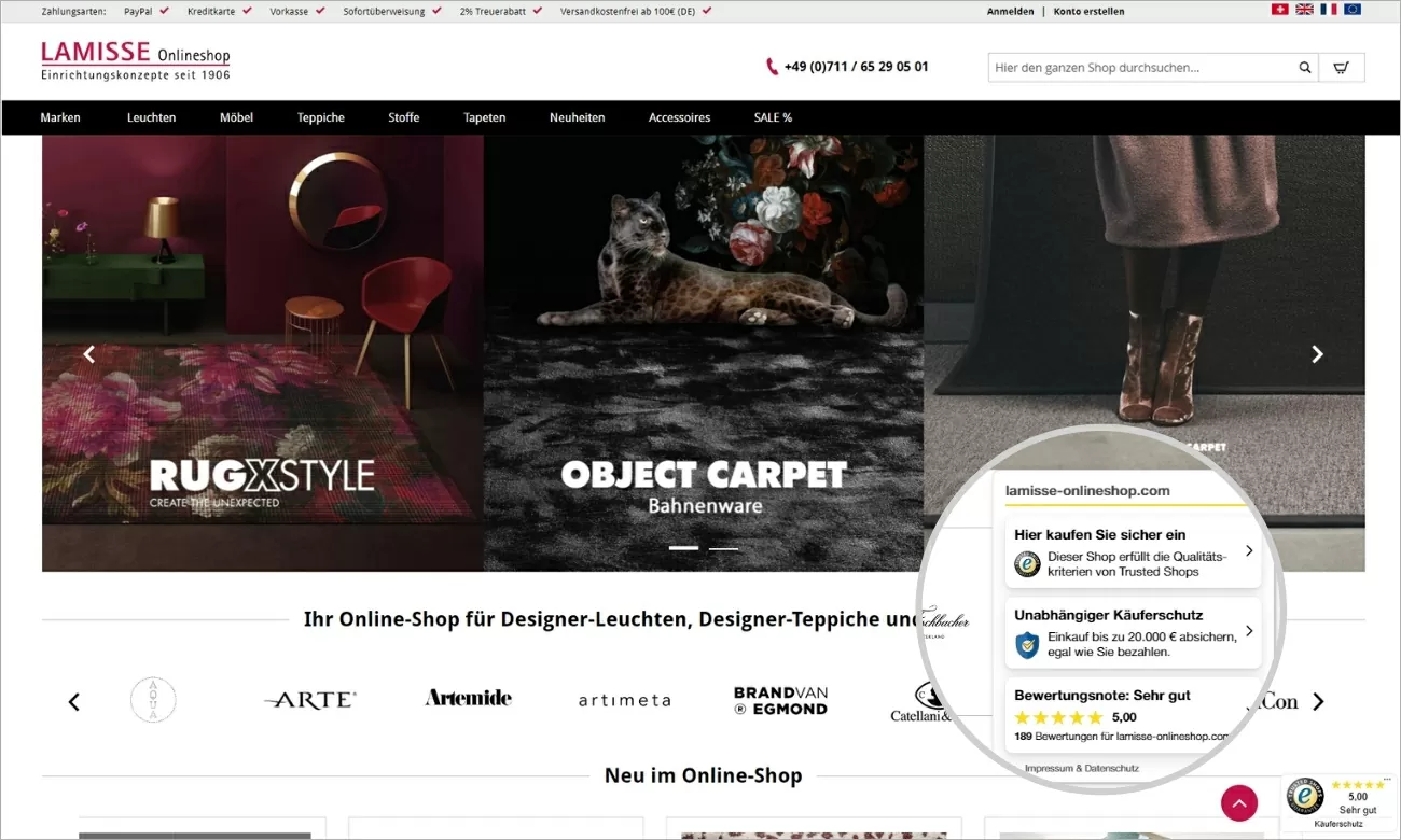 Highlight der Lamisse Startseite mit Trusted Shops Badge