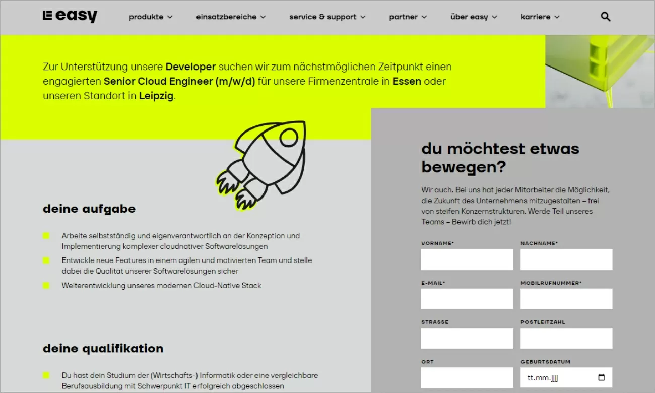 Bewerbungsportal mit direktem Bewerbungsformular für eine erleichterte Bewerbung bei Easy-Software