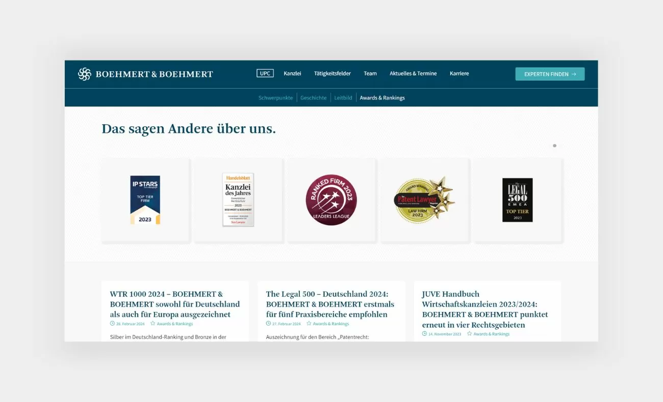 Ausschnitt von der Awards und Ranking Seite von Boehmert & Boehmert