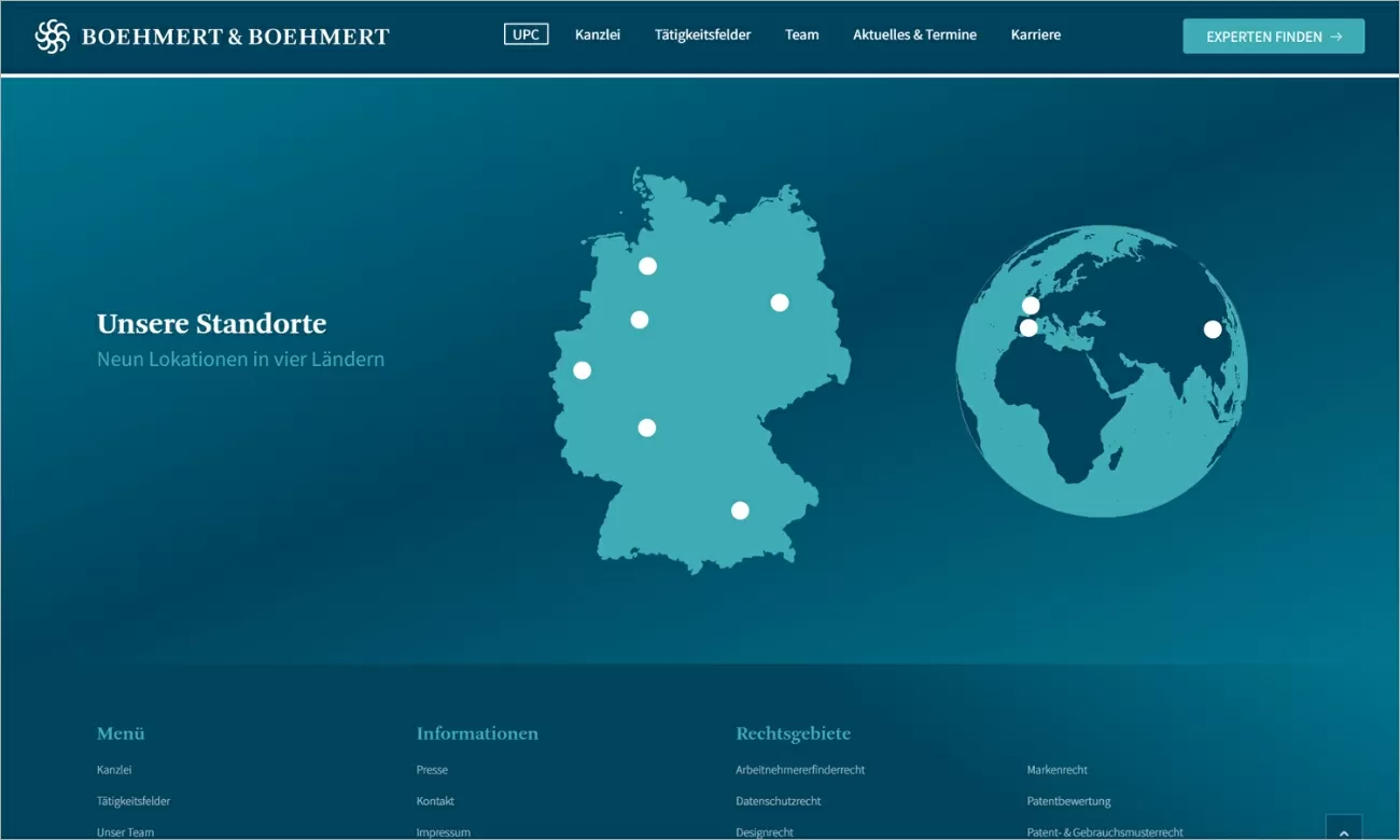 Highlight von Boehmert & Boehmert mit den Standorten der Kanzlei