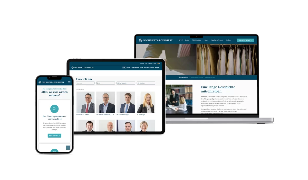 Darstellung auf unterschiedlichen Geräten von Boehmert & Boehmert. Auf dem MacBook ist die Landingpage von den Stellenanzeigen zusehen. Auf dem iPad wird das Team gezeigt und auf dem iPhone sind News.