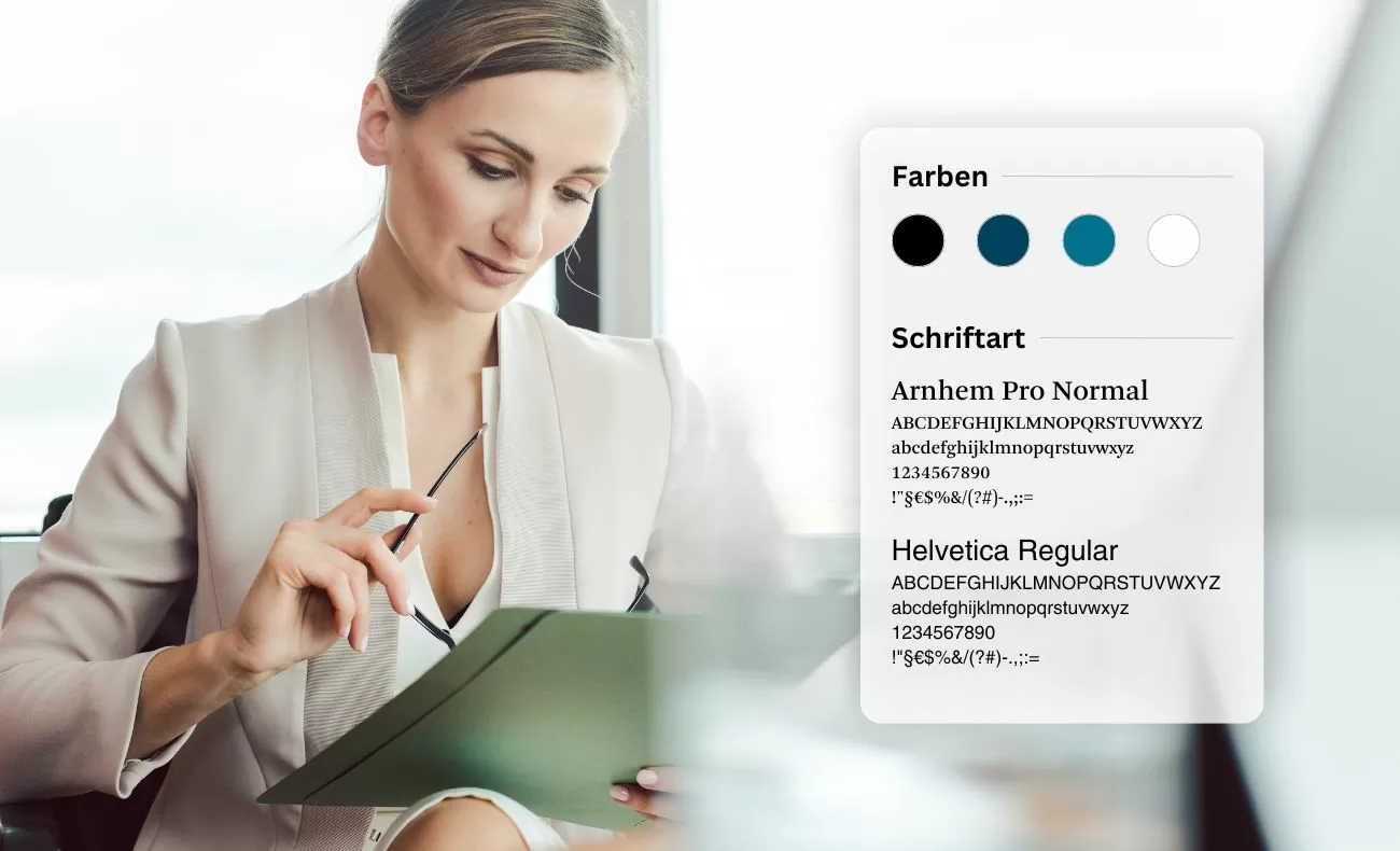 Styleguide von Boehmert & Boehmert. Verwendete Farben sind Schwarz, Dunkelblau, Mittelblau und Weiß. Die Arnhem und die Helvetica wurden als Schriftarten verwendet