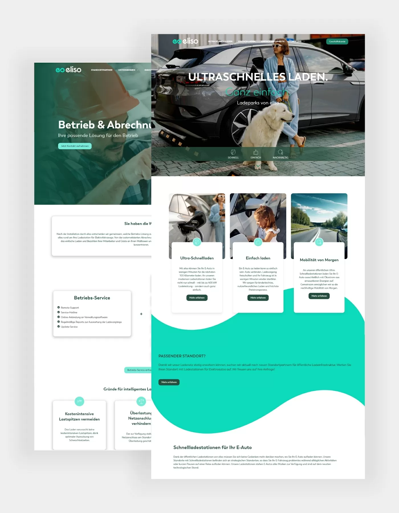 Ein Mockup mit der Startseite, Geschäftskunden und Betriebladestationen von eliso