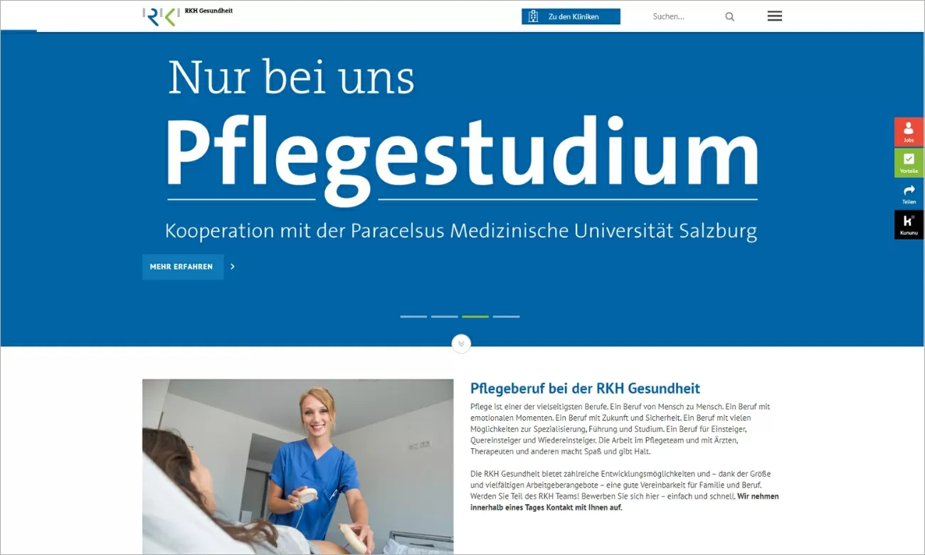 Das von ECONSOR erstellte digitales Karriereportal für mehr Attraktivität als Screenshot mit Werbung für das Pflegestudium nur bei der RKH Gesundheit im Intro und einem Text zu dem Pflegeberuf bei der RKH Gesundheit mit der Möglichkeit sich über einen Button "Jetzt bewerben" zu bewerben